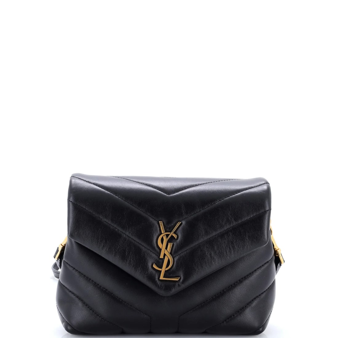 Loulou shoulder bag leather toy matelasse chevron saint laurent: Loulou shoulder bag leather toy matelasse chevron saint laurent Black leather Loulou shoulder bag with matelasse chevron design, featuring silver hardware and a sturdy strap drop. Measuring 12" in