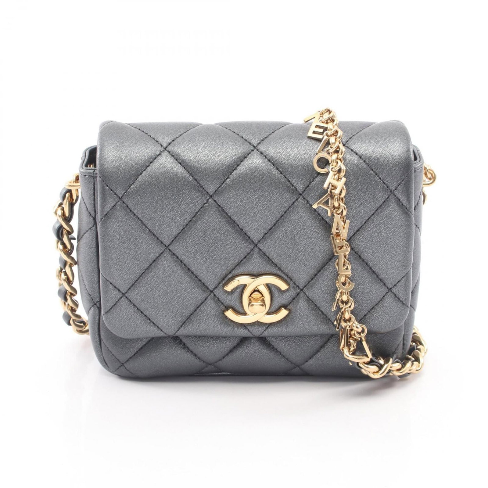 Chanel Handbag Shoulder Bag Leather: Chanel Handbag Shoulder Bag Leather Chanel's iconic shoulder bag features a sleek, gray lambskin leather exterior with gold hardware, perfectly balanced proportions and a timeless design that exudes