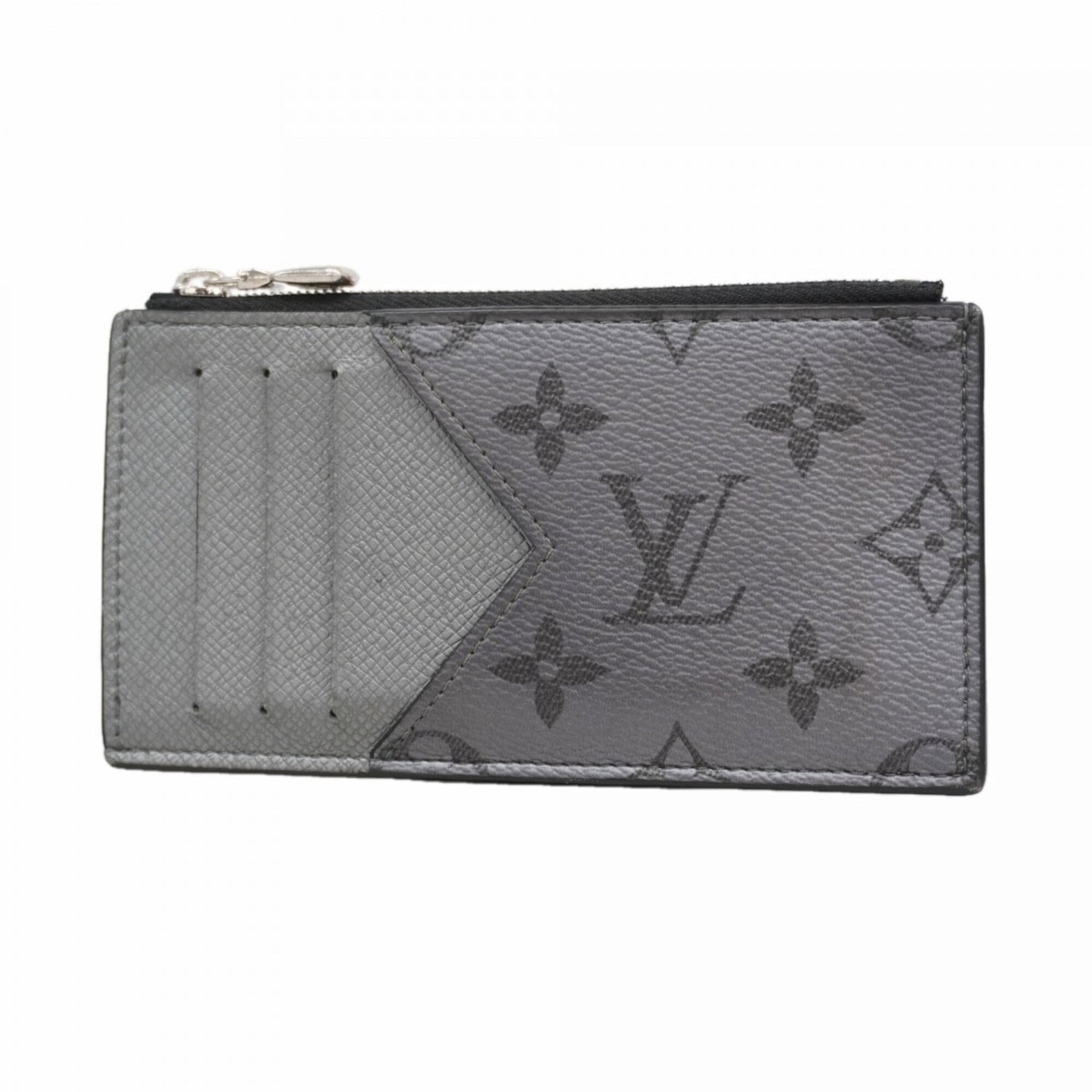 Coin purse from Louis Vuitton: Coin purse from Louis Vuitton The Louis Vuitton coin purse boasts sleek, modern design with its gray and silver color combination. Measuring 7.5cm x 14.5cm x 1cm, it offers a compact storage solution 
