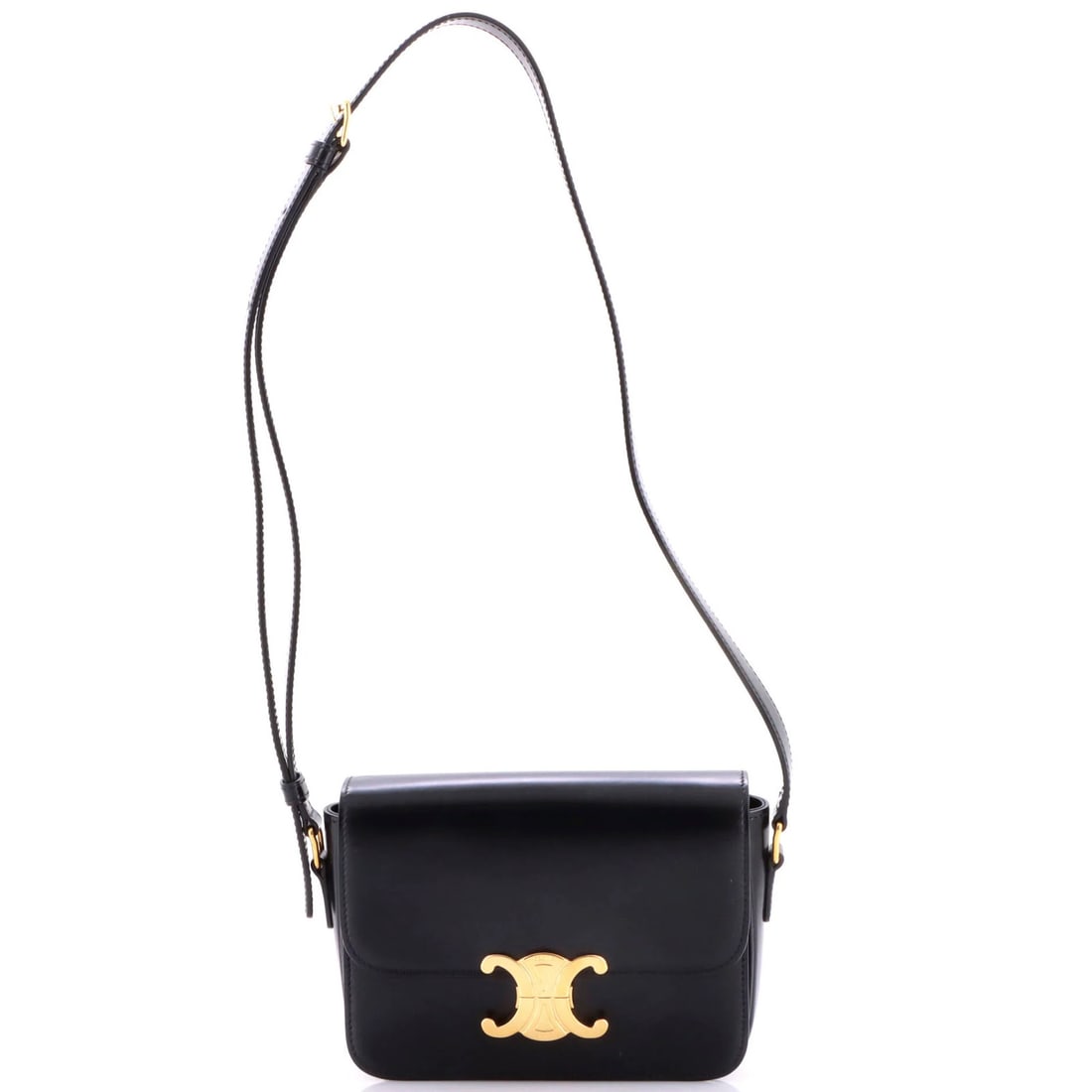 Celine Triomphe Shoulder Bag Smooth Calfskin Teen: Celine Triomphe Shoulder Bag Smooth Calfskin Teen Smooth Calfskin Leather exterior, gold hardware, and sleek black design make the Triomphe Shoulder Bag a stylish addition to any outfit. Measuring 5.5