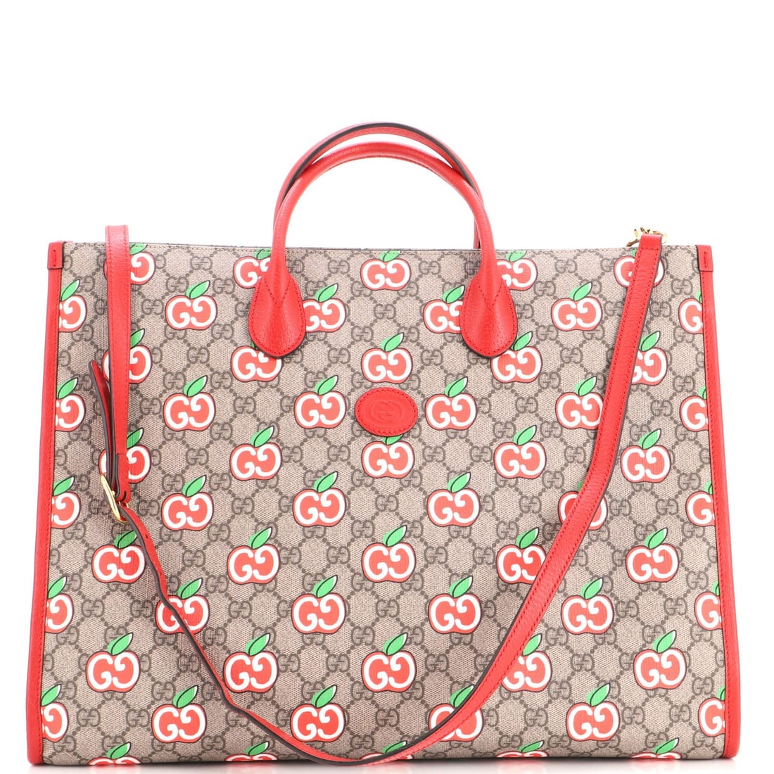 Open Tote Convertible Large Apple Gucci Coated Canvas: Open Tote Convertible Large Apple Gucci Coated Canvas Red Gucci Convertible Open Tote with Canvas Coated Exterior and Neutral Interior, featuring a signature in print. Made from heavy canvas coated