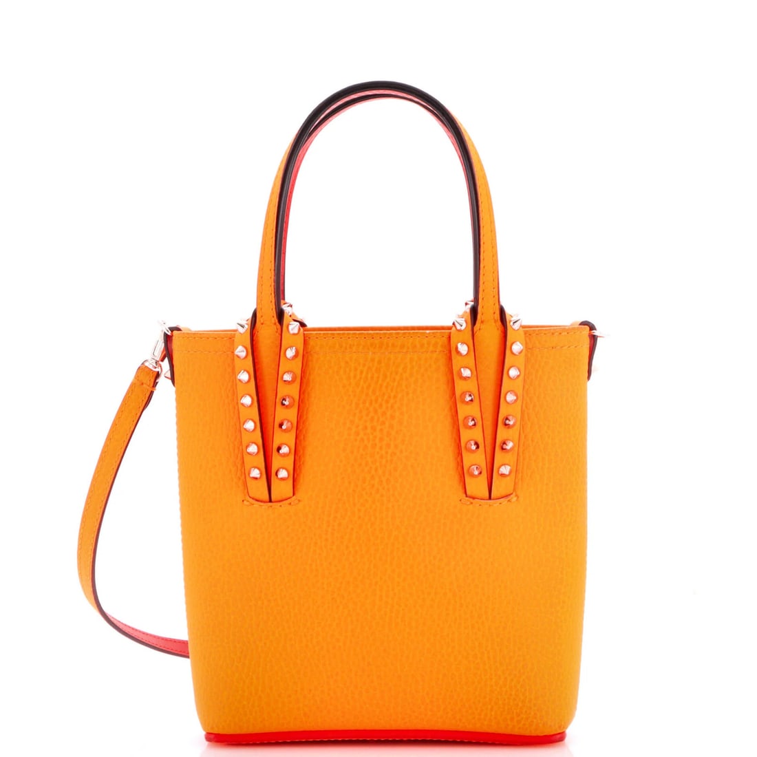 Cabata tote leather mini by Louboutin: Cabata tote leather mini by Louboutin Orange Cabata Tote Leather Mini by Louboutin, featuring a vibrant exterior color and sleek design. This mini shoulder bag boasts a sturdy leather construction