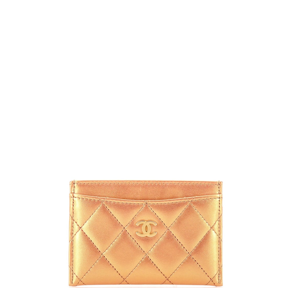 Quilted Lambskin Card Holder by Chanel Classic: Quilted Lambskin Card Holder by Chanel Classic Quilted Iridescent Lambskin exterior adds an eye-catching touch to this gold Classic Card Holder by Chanel. The pristine condition, despite minor wear