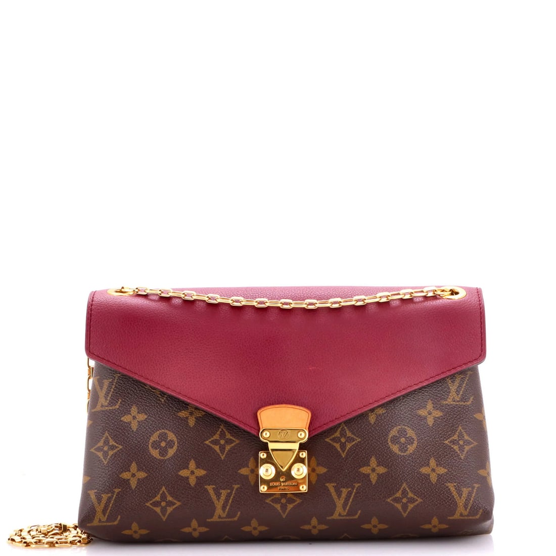 Louis Vuitton Pallas Chain Shoulder Bag Monogram Canvas and Calfskin: Louis Vuitton Pallas Chain Shoulder Bag Monogram Canvas and Calfskin Burgundy canvas and calfskin Louis Vuitton Pallas Chain Shoulder Bag, featuring the iconic monogram pattern. This stylish bag