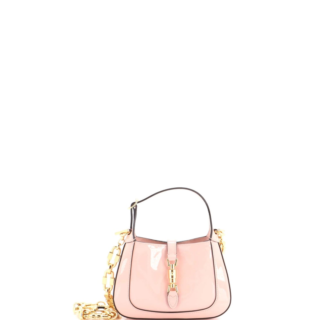 Hobo chain patent mini Gucci Jackie 1961: Hobo chain patent mini Gucci Jackie 1961 Patent leather Gucci Jackie 1961 chain hobo mini bag in pink, featuring a classic design with minor scuffs on the exterior and interior. The gold hardware adds