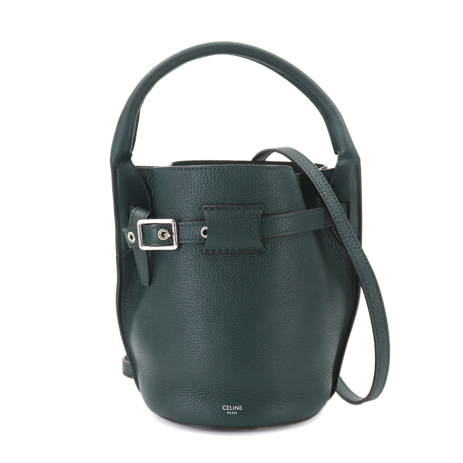 Handbag Celine Leather: Handbag Celine Leather Dark green Celine leather handbag with silver hardware, measuring 20.5cm x 15cm x 15cm and weighing 400g. Features a long strap that can be adjusted to fit comfortably between