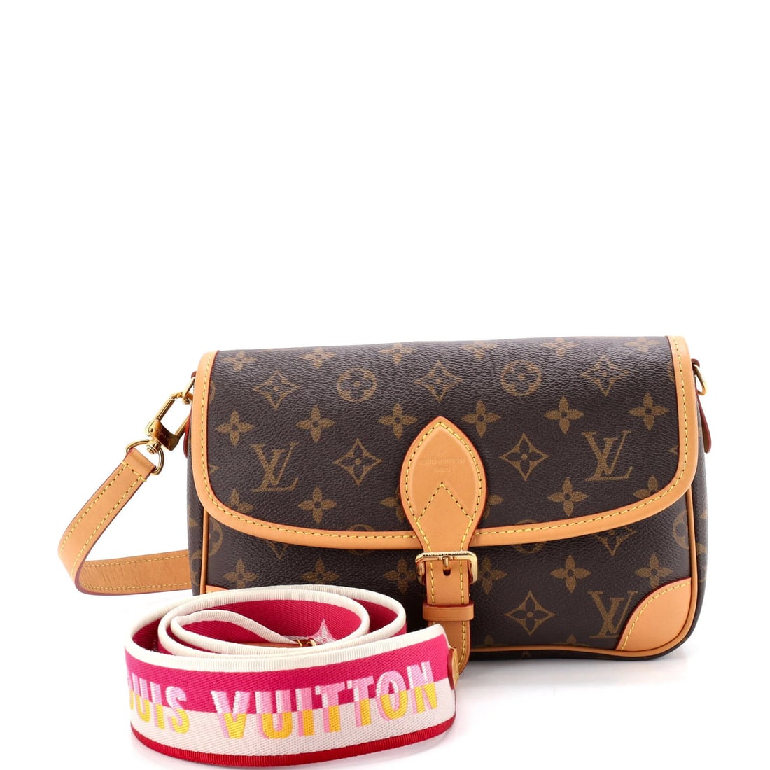 Vuitton Diane Louis Handbag Monogram Canvas: Vuitton Diane Louis Handbag Monogram Canvas Brown Louis Vuitton Diane NM Handbag Monogram Canvas features a canvas-coated exterior with minor scuffs, creases, and edge wear. The bag has a cross-body