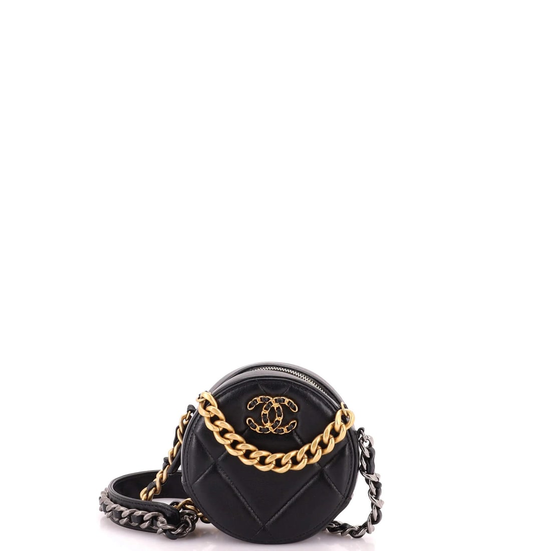Round Quilted Chain Leather Clutch Chanel 19: Round Quilted Chain Leather Clutch Chanel 19 Round Quilted Chain Leather Clutch in Black. This Chanel 19 round quilted chain leather clutch boasts a classic design with minor creases and scuffs on the