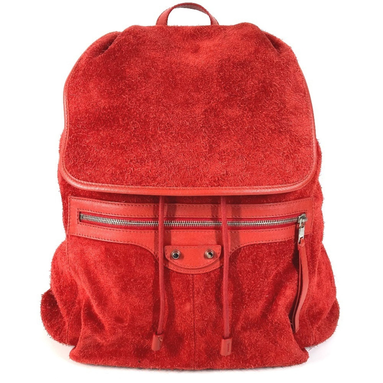 Backpack Suede Leather Balenciaga: Backpack Suede Leather Balenciaga Balenciaga's sleek backpack boasts a striking red suede leather exterior, combining style and sophistication. Measuring 40cm x 42cm x 10.5cm, it offers ample space fo