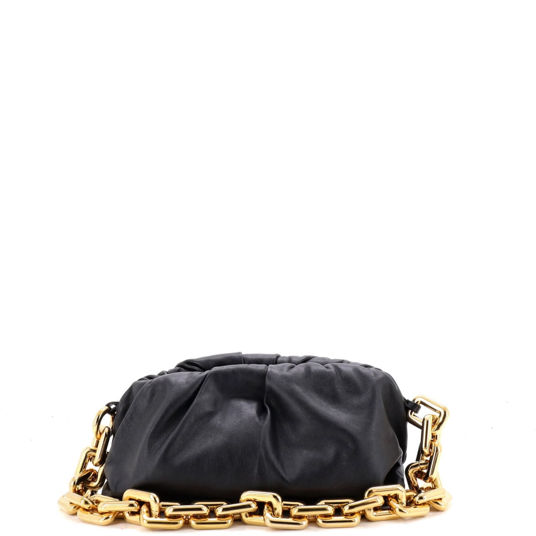 Bottega Veneta The Chain Pouch Leather: Bottega Veneta The Chain Pouch Leather Black leather shoulder bag with gold hardware, featuring a chain-link design and adjustable strap. The bag has a classic shape with a drop handle and interior
