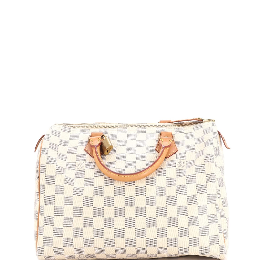 Vuitton Speedy Louis Handbag Damier: Vuitton Speedy Louis Handbag Damier The iconic Louis Vuitton Speedy Louis Handbag Damier features a crisp white canvas exterior with subtle creases and edge wear, showcasing the timeless design of thi