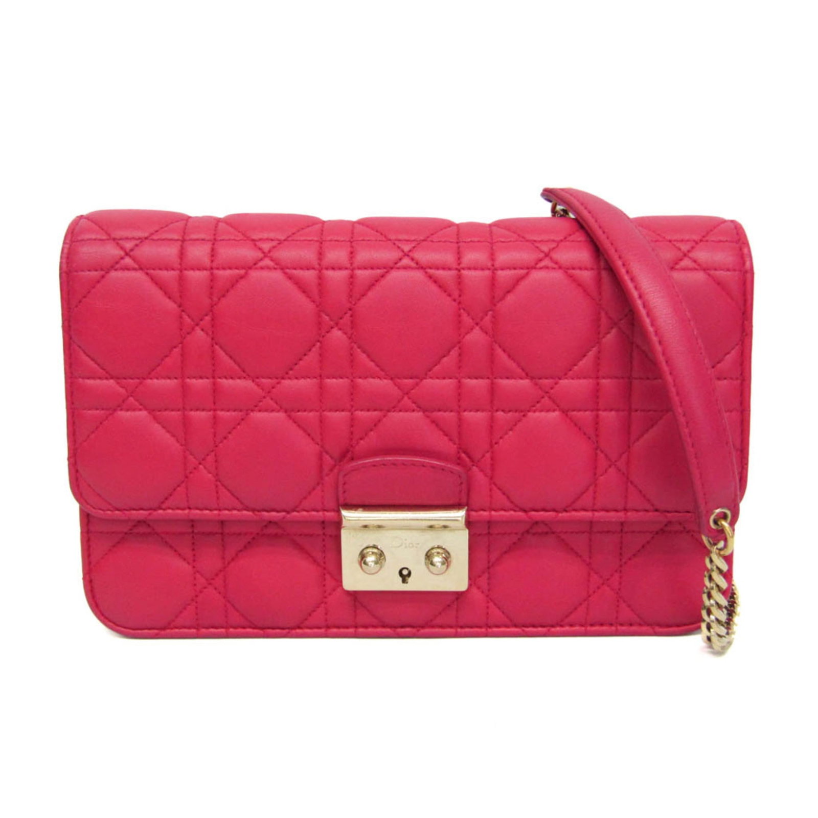 Christian Dior Chain/ Shoulder Wallet Leather: Christian Dior Chain/ Shoulder Wallet Leather Chain/Shoulder wallet with lambskin leather from Christian Dior's Cannage/Lady Dior line, featuring a pink color and push lock closure. This stylish