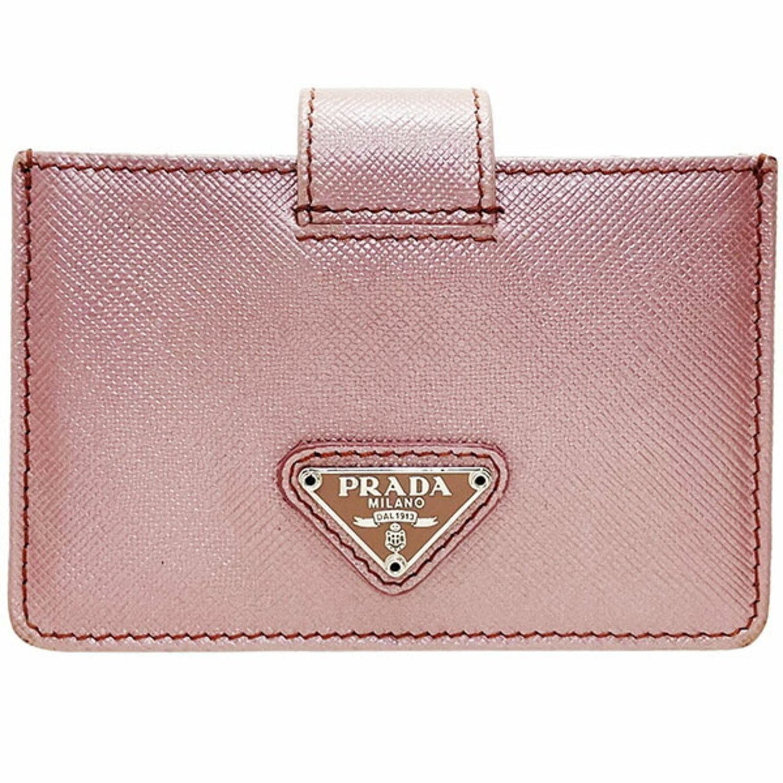 Card case leather by Prada: Card case leather by Prada Light pink and metallic Prada card case made from embossed calf leather and Saffiano leather, featuring a sleek design with a subtle metallic finish. The compact size makes 