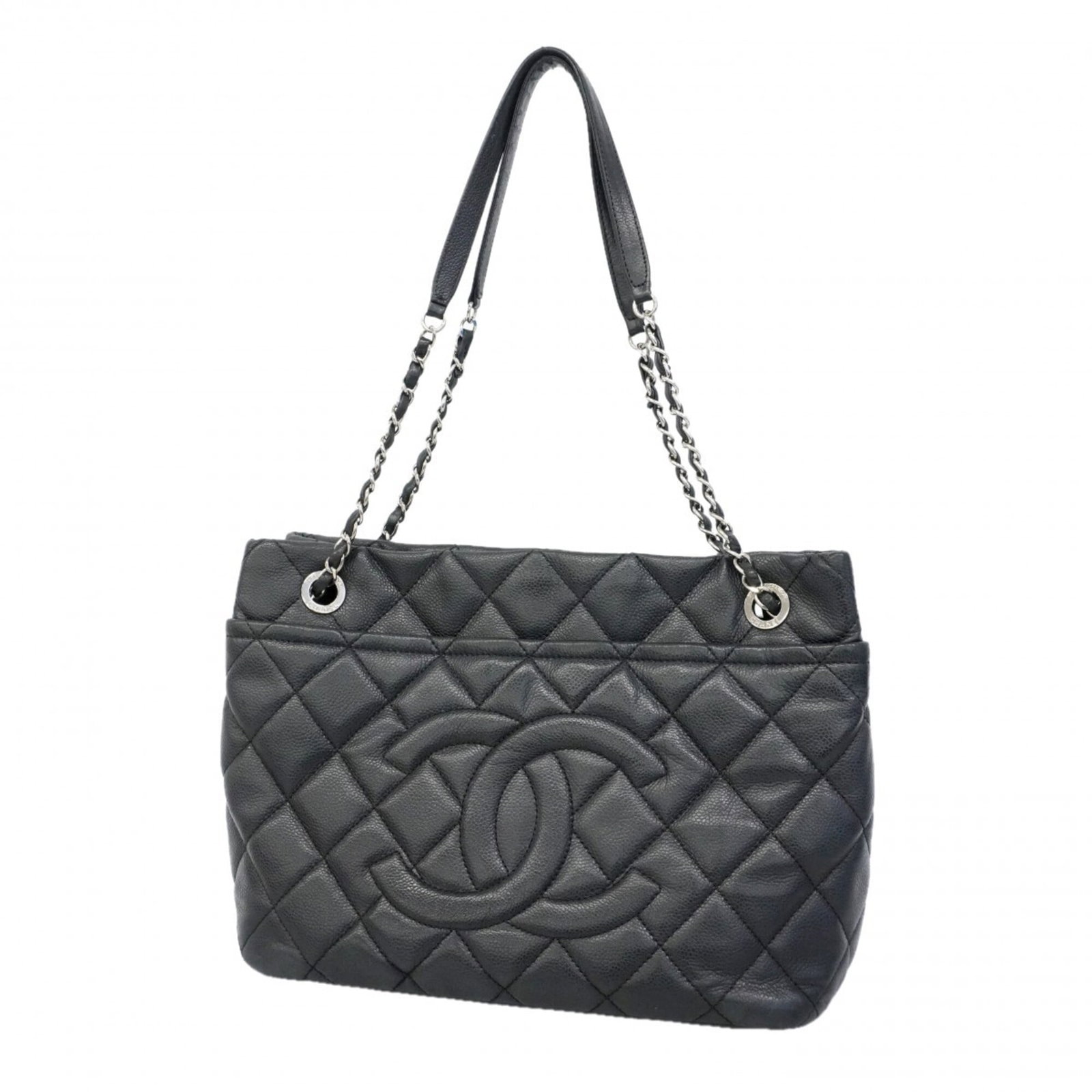 Calfskin bag tote by Chanel: Calfskin bag tote by Chanel Calfskin bag tote by Chanel features a sleek black design with silver hardware, crafted from high-quality grained calfskin. Measuring 25cm x 32cm x 16.5cm, this stylish