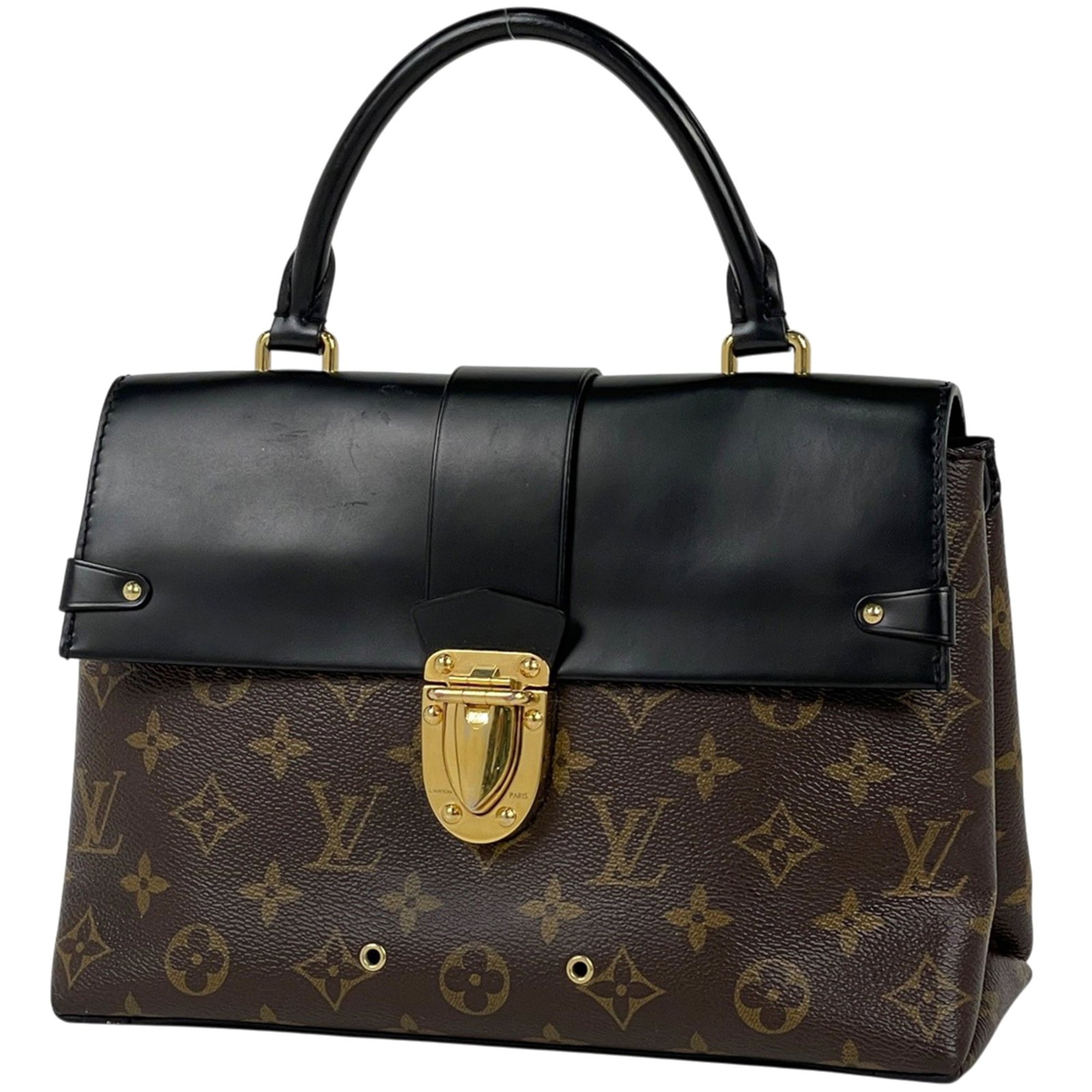 Leather Monogram Louis Vuitton Handbag: Leather Monogram Louis Vuitton Handbag Monogrammed in black, this luxurious leather Louis Vuitton handbag boasts the iconic monogram pattern. Made from high-quality leather, its sleek design and