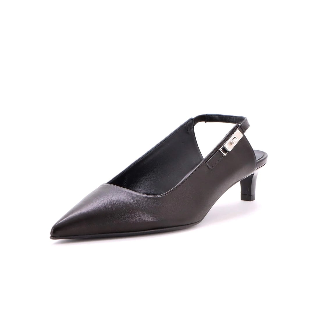 Hermes Lover Slingback Leather Pumps: Hermes Lover Slingback Leather Pumps Black leather slingback pumps with palladium hardware, featuring minor creases and scuffs throughout. The interior bears small indentations and light marks on the 