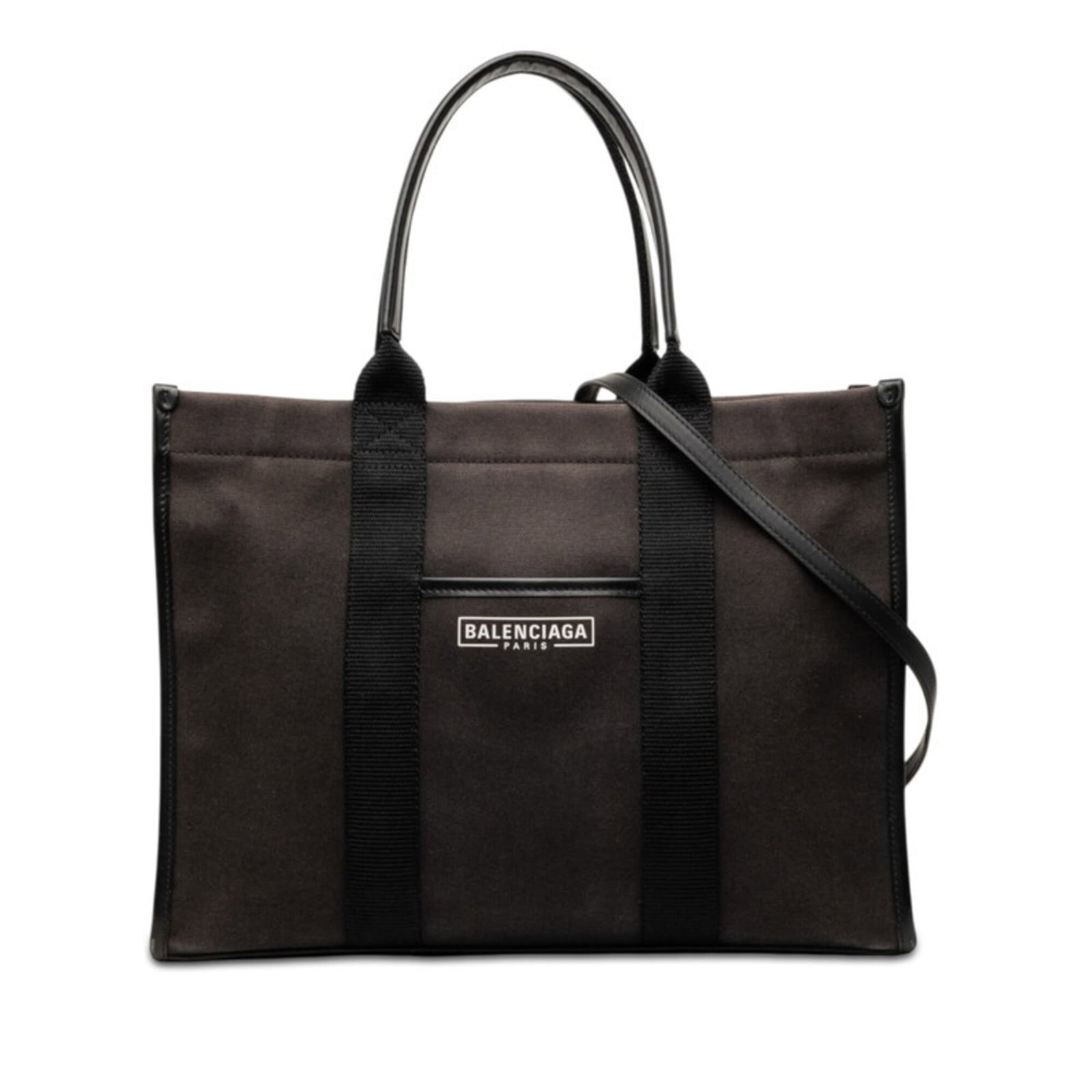 Canvas bag tote from leather Balenciaga: Canvas bag tote from leather Balenciaga Canvas bag tote from leather Balenciaga, featuring dark brown canvas and leather construction with an open closure. Measuring 26cm x 35cm x 14cm, it boasts a