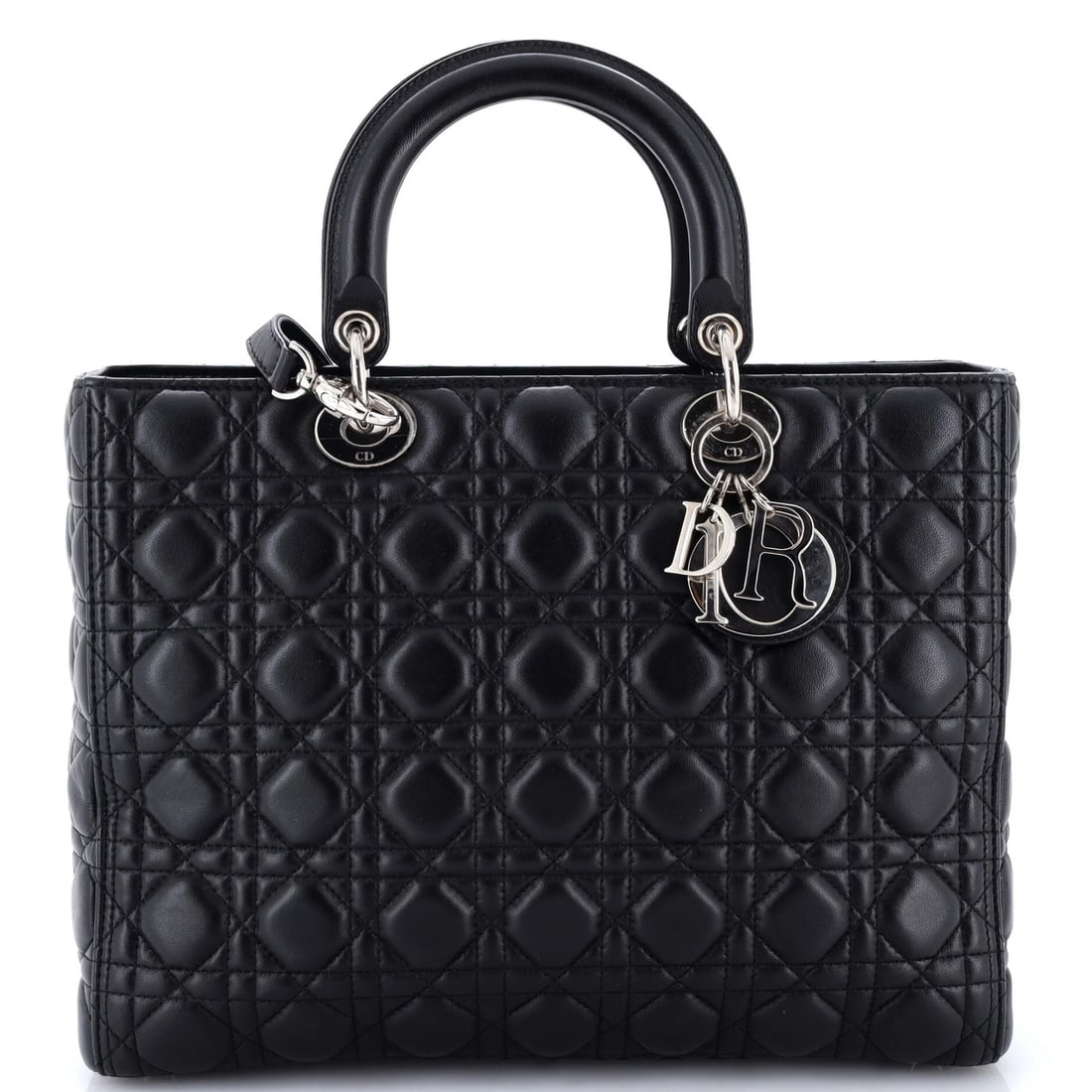 Cannage bag lady large lambskin quilt dior Christian: Cannage bag lady large lambskin quilt dior Christian Black leather Lady Dior bag with Cannage quilt lambskin exterior, featuring gold hardware and neutral interior. The large size measures 10" x 12.5"