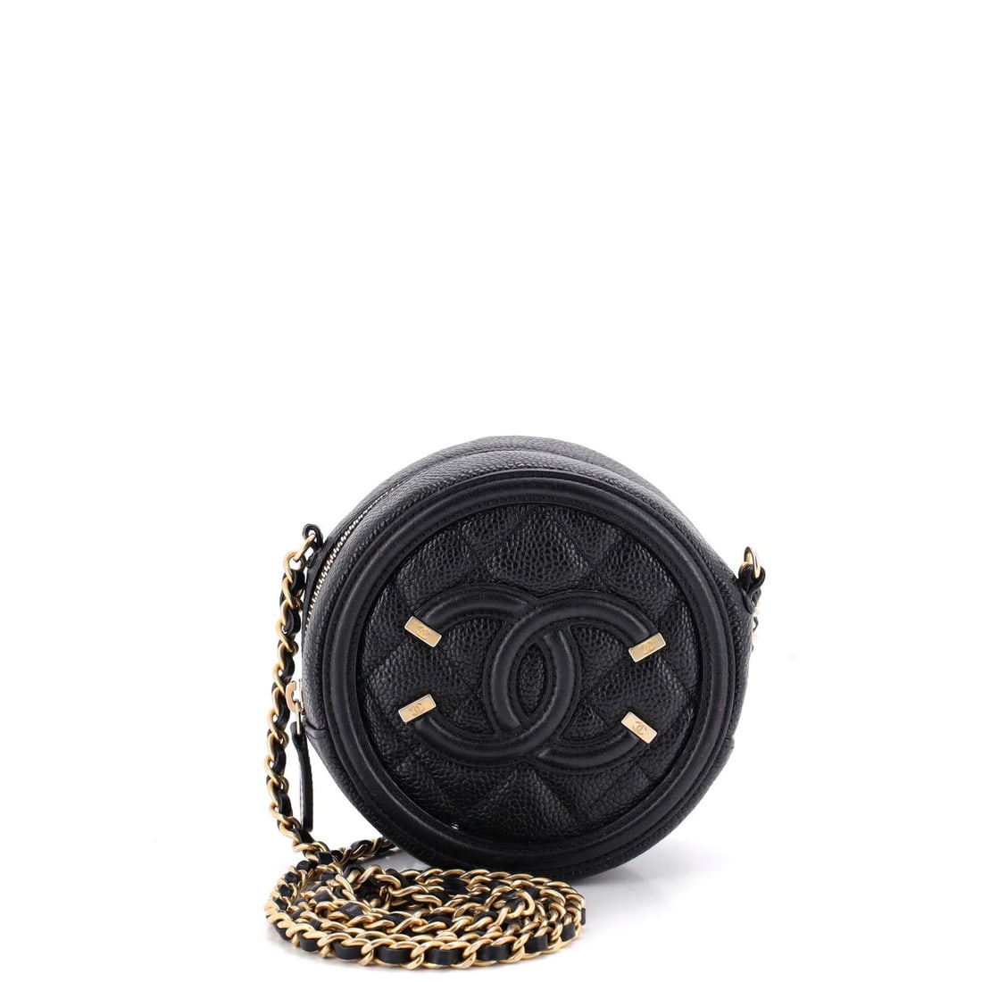 Chanel chain quilted mini caviar clutch with filigree round: Chanel chain quilted mini caviar clutch with filigree round Black leather Chanel chain quilted mini caviar clutch with filigree round exterior features heavy creases, scuffs, and edge wear. The