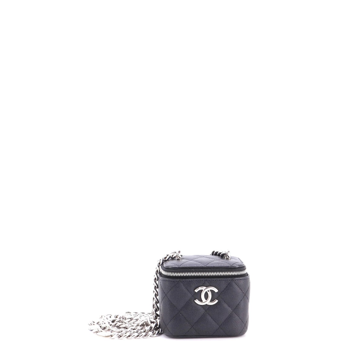Coco Chanel Caviar Mini Enamel Strap Vanity Case with Chain Quilted: Coco Chanel Caviar Mini Enamel Strap Vanity Case with Chain Quilted The Coco Chanel Caviar Mini Enamel Strap Vanity Case with Chain Quilted boasts a sleek black leather exterior, adorned with intricat