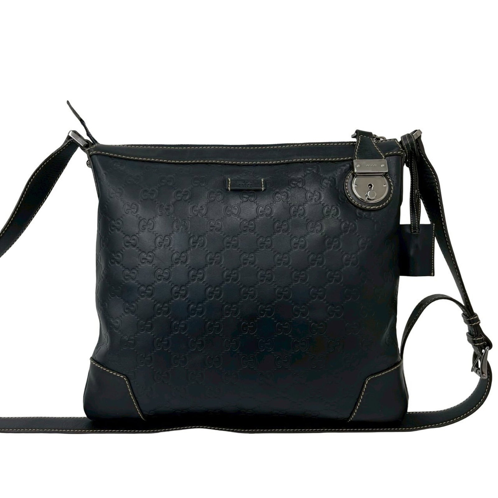 Gucci Shoulder Bag Leather: Gucci Shoulder Bag Leather Navy Gucci Shoulder Bag Leather, measuring 34.5cm x 31.5cm with a sleek design and premium leather material, makes for a stylish accessory. The bag's classic shape and timel