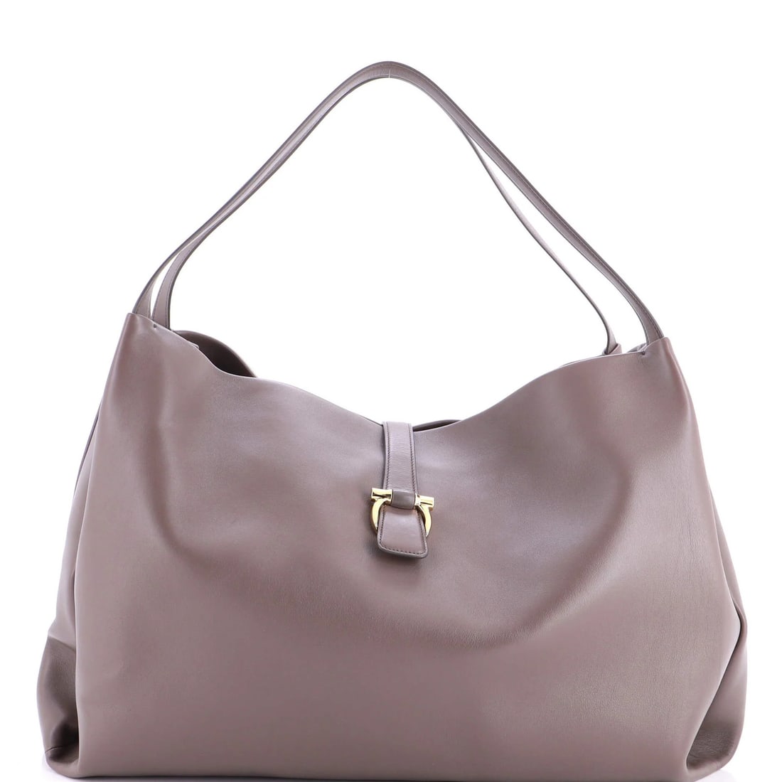 Salvatore Ferragamo Mia Tote Leather XL: Salvatore Ferragamo Mia Tote Leather XL The Salvatore Ferragamo Mia Tote Leather XL is a stylish and spacious tote bag with a rich gray leather exterior, complemented by a matching interior. Measuring