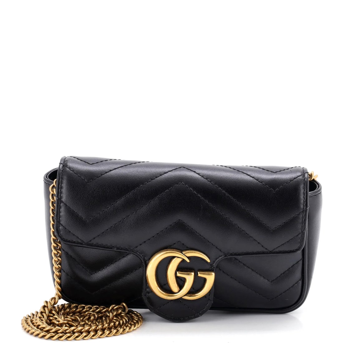 Matelasse Leather Super Mini Gucci GG Marmont Flap Bag: Matelasse Leather Super Mini Gucci GG Marmont Flap Bag Black Matelasse Leather Super Mini Gucci GG Marmont Flap Bag with Gold Hardware, featuring a neutral microfiber interior and a classic cross-body