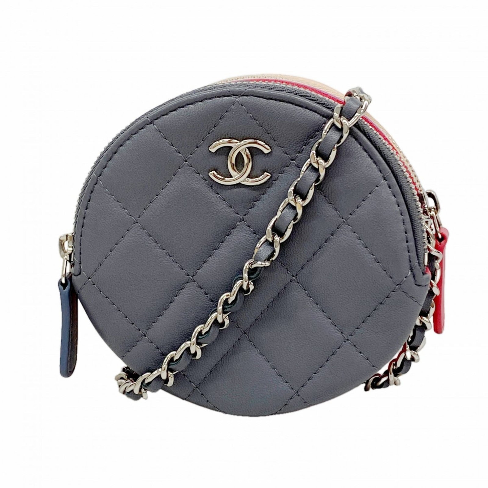 Shoulder Bag Leather Chanel: Shoulder Bag Leather Chanel This luxurious shoulder bag features genuine lambskin leather and striking multi-color design, complemented by sleek silver hardware. Measuring just 11cm x 11cm x 5.5cm, it