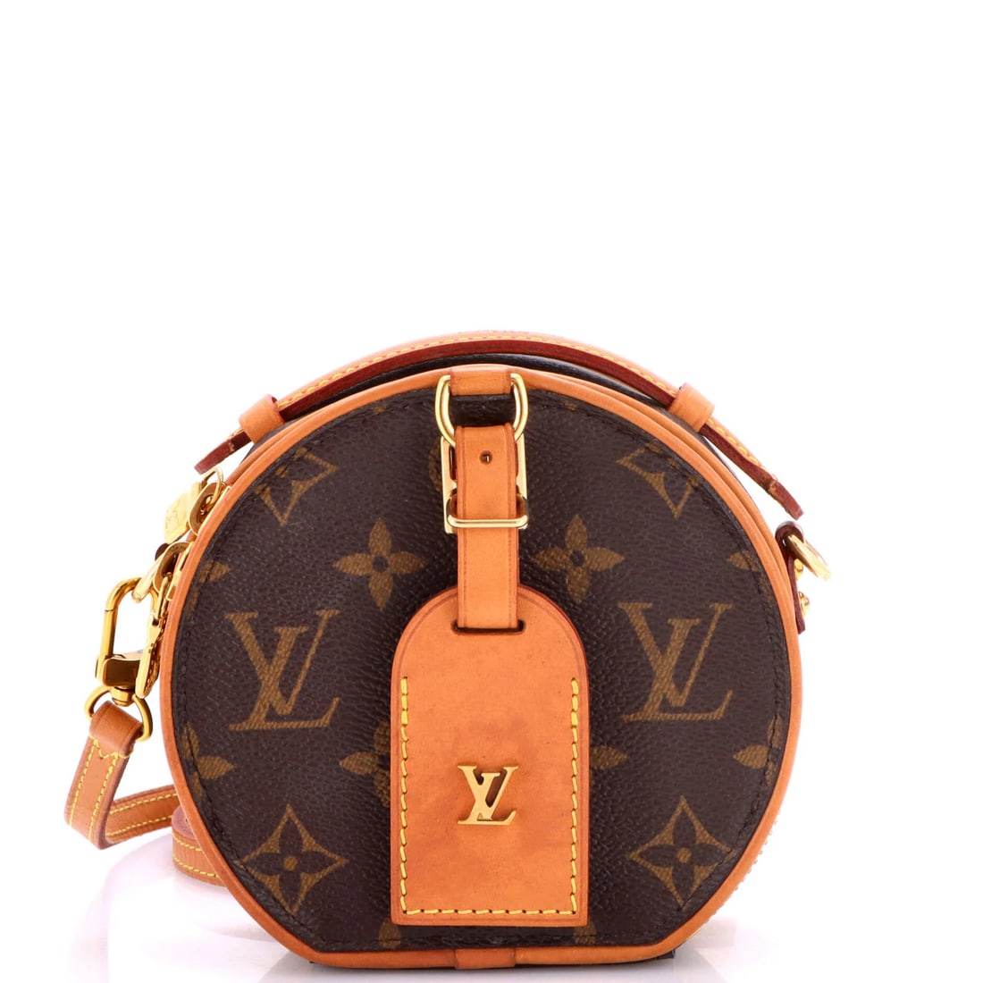 Boite Monogram Canvas Vuitton Bag Chapeau Louis Mini: Boite Monogram Canvas Vuitton Bag Chapeau Louis Mini Brown Mini Boite Chapeau Bag with Monogram Canvas Exterior and Leather Interior, featuring a gold hardware and minor scuffs on the exterior. This