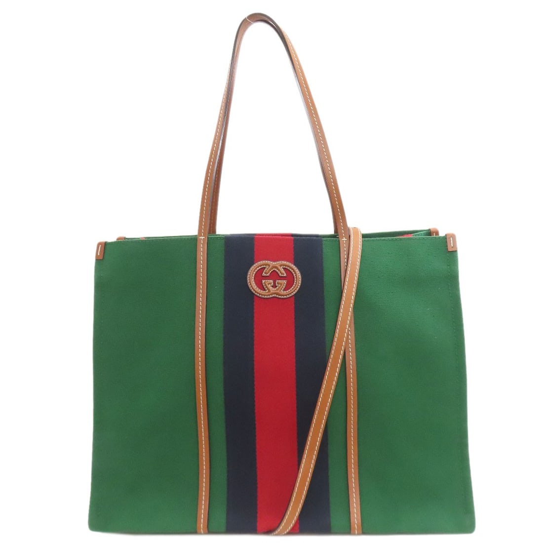 Gucci 727701 Interlocking G 2Way Tote Bag Canvas: Gucci 727701 Interlocking G 2Way Tote Bag Canvas Gucci's iconic Interlocking G 2Way Tote Bag is crafted from high-quality canvas, featuring a striking green exterior. The bag's design showcases the br