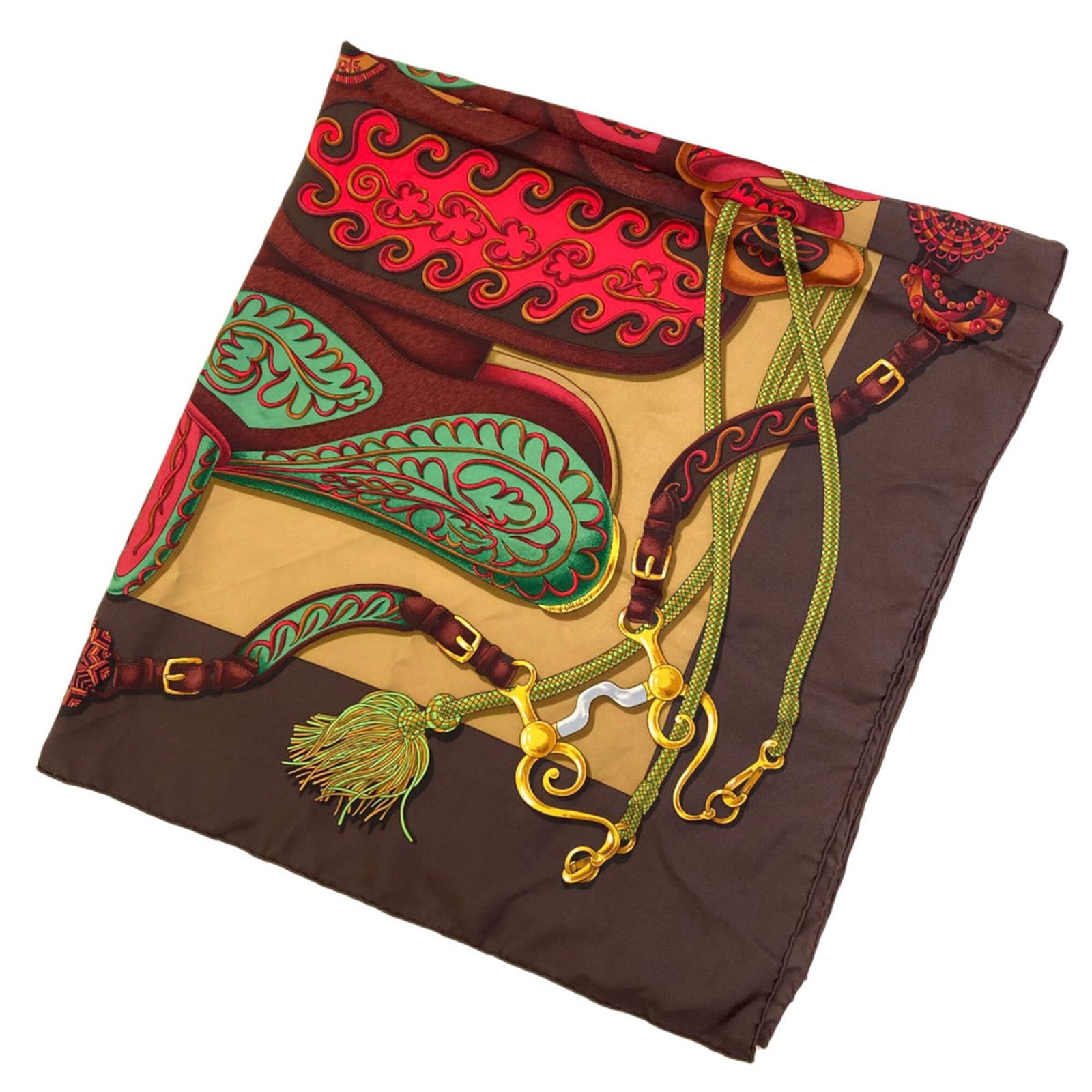 Hermes Silk Scarf: Hermes Silk Scarf Silk scarf from the renowned French fashion house Hermes, featuring a rich brown color and elegant dimensions of 89cm x 88cm. Crafted from high-quality silk, this accessory exudes cl