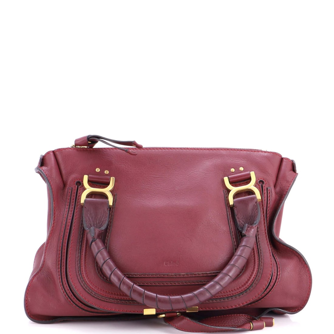 Chloe Marcie Shoulder Bag Leather Medium: Chloe Marcie Shoulder Bag Leather Medium The Chloe Marcie Shoulder Bag Leather Medium boasts a striking red exterior with subtle scuffs and creases, adding to its unique charm. Measuring 11" high, 15"
