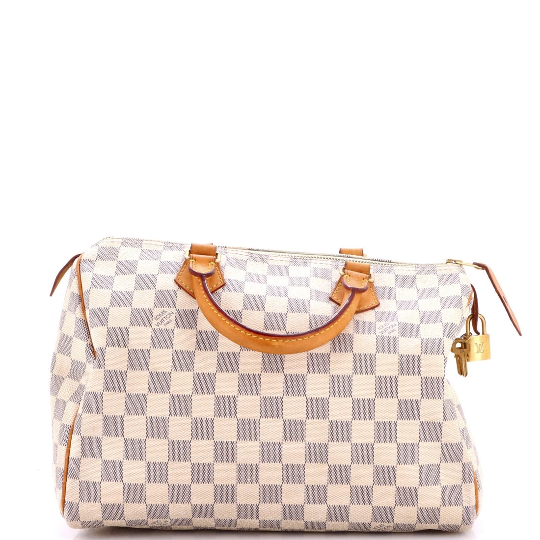 Vuitton Speedy Louis Handbag Damier: Vuitton Speedy Louis Handbag Damier White canvas coated Louis Vuitton Speedy Louis Handbag Damier features a classic top handle design with gold hardware and neutral interior. The bag measures 30" in 