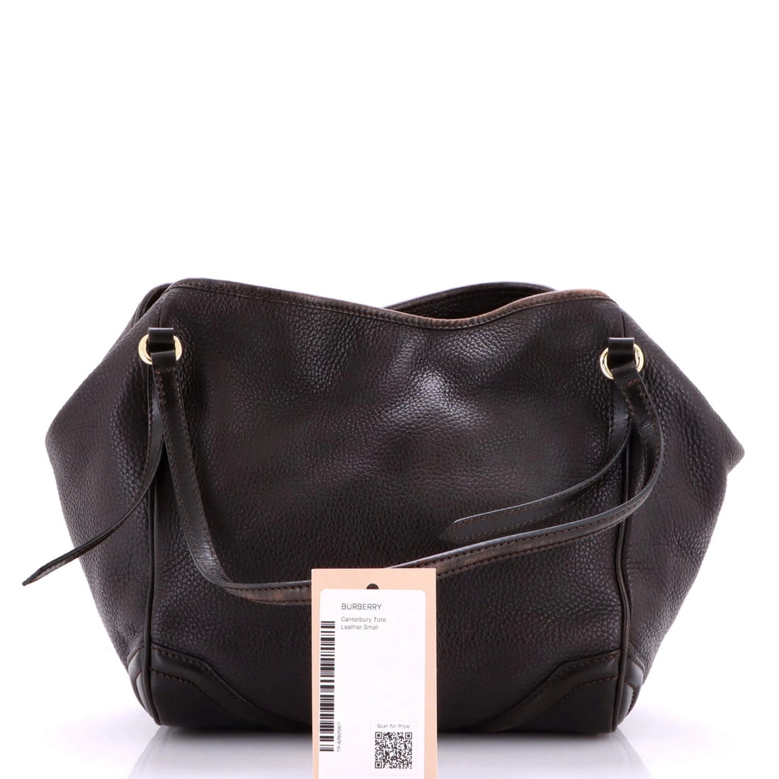 Small leather tote from Burberry.: Small leather tote from Burberry. Small leather tote from Burberry, featuring heavy scuffs throughout and edge wear, with minor creases on the exterior. The interior has scuffs, while the gold hardwar