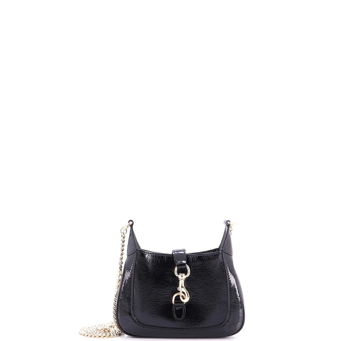Gucci Jackie Notte Chain Hobo Patent Mini: Gucci Jackie Notte Chain Hobo Patent Mini Patent leather exterior and burgundy interior make this Gucci Jackie Notte Chain Hobo Patent Mini a stylish accessory. Measuring just 5" tall, 7" wide, and 1"