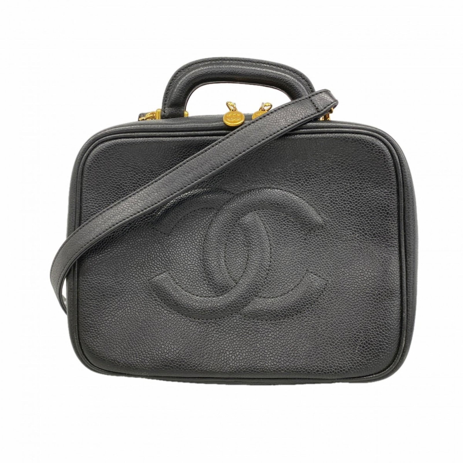 Calfskin Grained Vanity Bag Chanel: Calfskin Grained Vanity Bag Chanel Calfskin Grained Vanity Bag in Black from Chanel. This luxurious vanity bag features a sleek design with grained calfskin material and gold hardware, adding a touch 