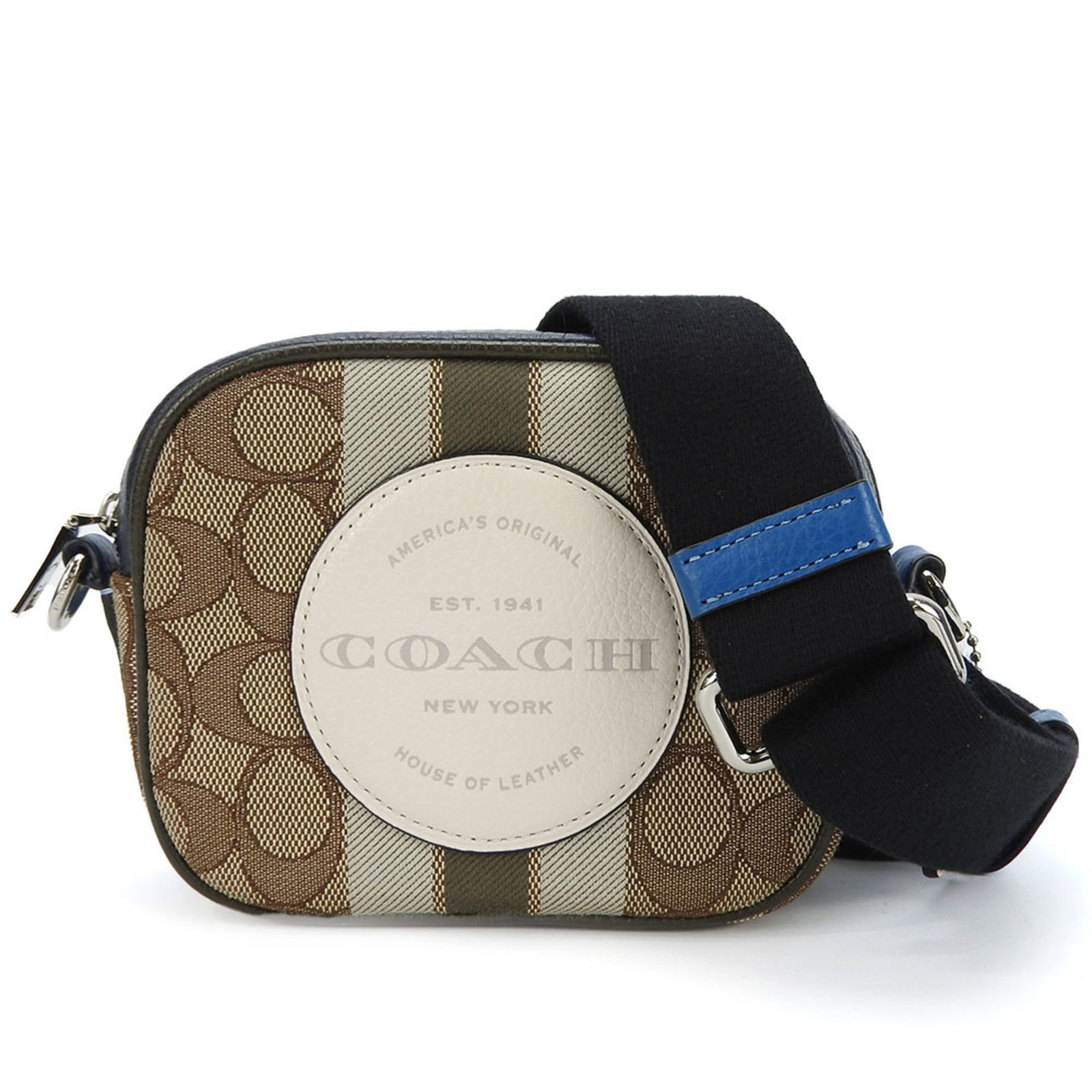 Canvas leather shoulder bag by coach: Canvas leather shoulder bag by coach Canvas leather shoulder bag by Coach, featuring a classic design with a beige, blue, and khaki color palette. This stylish pochette measures 11.5cm x 15cm x 5.5cm