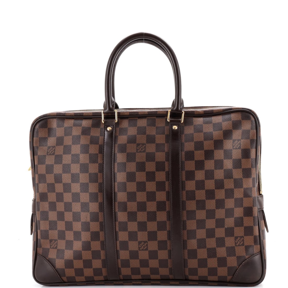 Louis Vuitton Porte-Documents Voyage Bag Damier PM: Louis Vuitton Porte-Documents Voyage Bag Damier PM Brown Louis Vuitton Porte-Documents Voyage Bag Damier PM features canvas coated exterior with heavy corner wear, scuffs, creases, and edge wear. The 