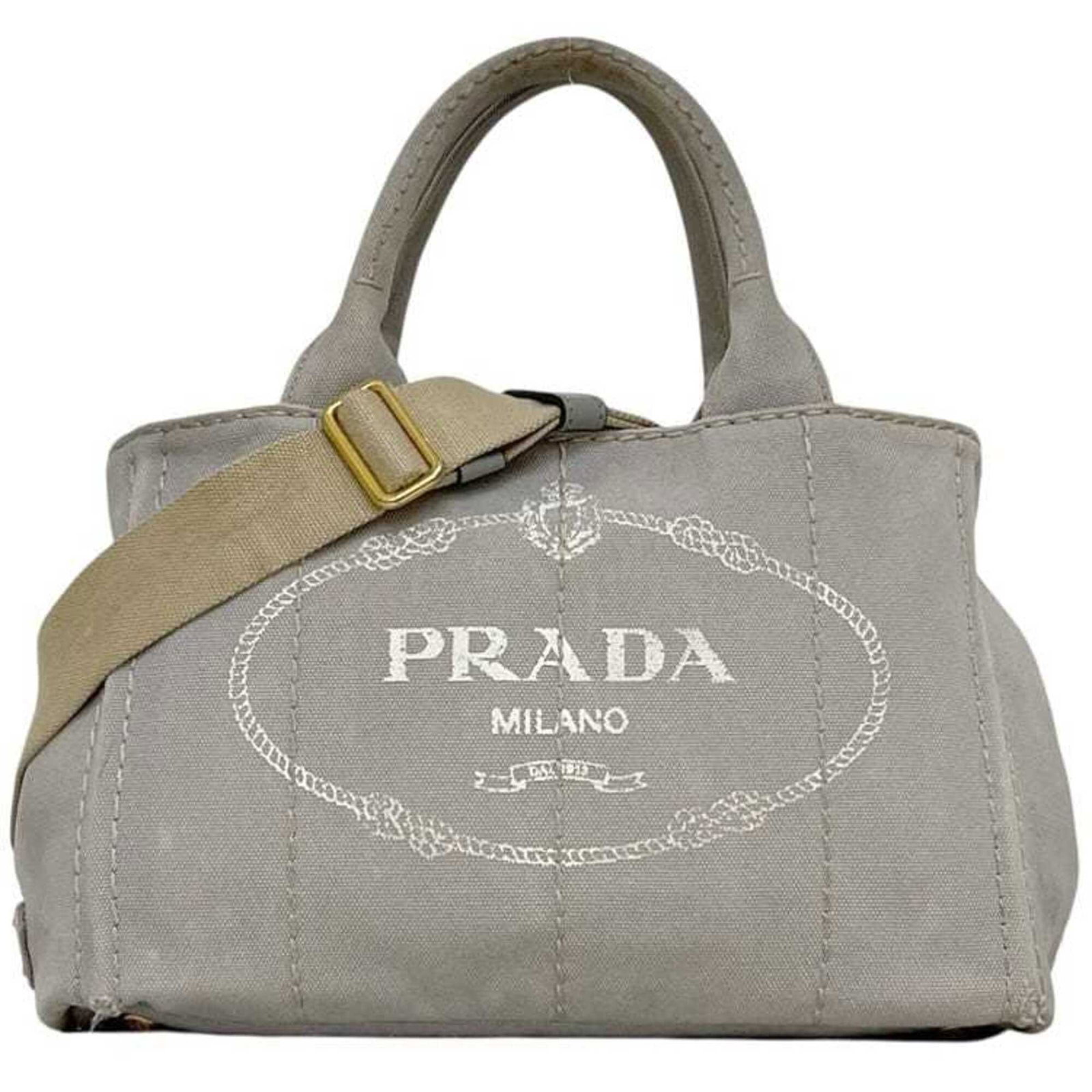 Tote bag canvas by Prada: Tote bag canvas by Prada Canvas tote bag by Prada, made from high-quality Italian canvas in a versatile gray color. Measuring 18cm x 30cm x 16cm, it features a classic design that exudes timeless