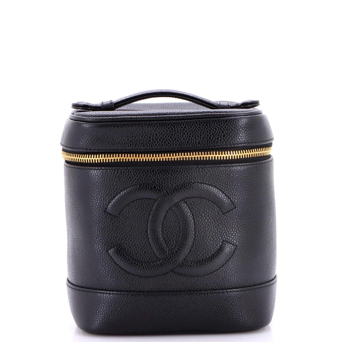 Chanel Vintage Timeless Cosmetic Case Caviar Tall: Chanel Vintage Timeless Cosmetic Case Caviar Tall The Chanel Vintage Timeless Cosmetic Case Caviar Tall boasts a sleek black leather exterior, adorned with gold hardware. Its spacious interior