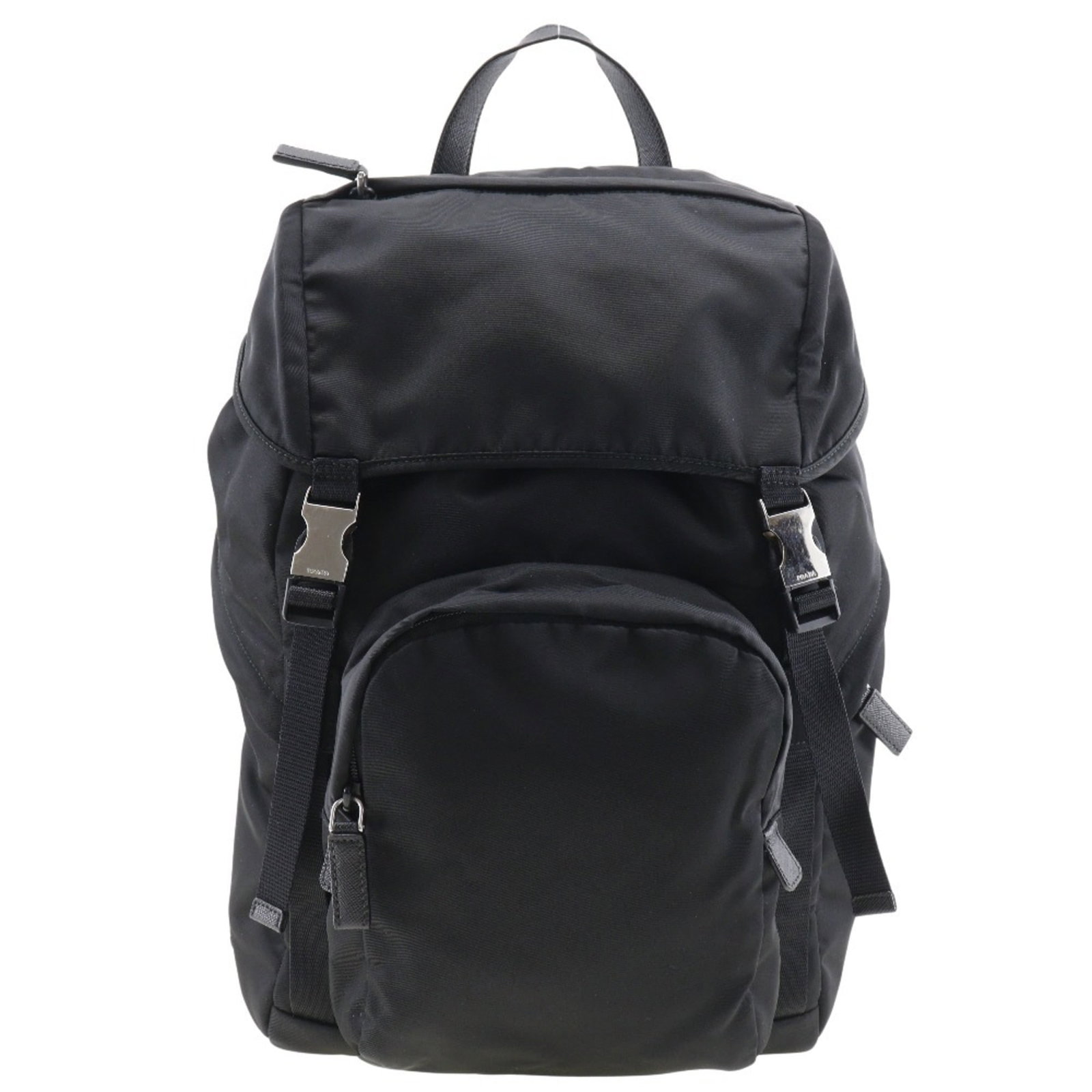 Backpack nylon by Prada: Backpack nylon by Prada Black Prada nylon backpack with flap closure, available in sizes ranging from 44cm to 98cm. Comes with dust bag and guarantee card, perfect for everyday use. Item Specifics: Br