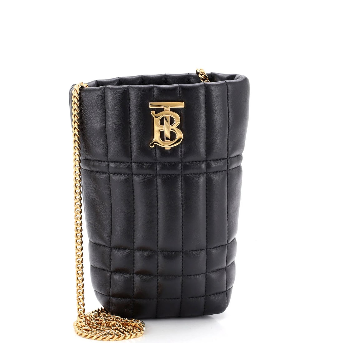Lola Bucket Bag Quilted Lambskin Micro Burberry: Lola Bucket Bag Quilted Lambskin Micro Burberry Black quilted lambskin exterior, gold hardware, and black interior make up the Lola Bucket Bag Quilted Lambskin Micro Burberry. This micro-sized bag mea