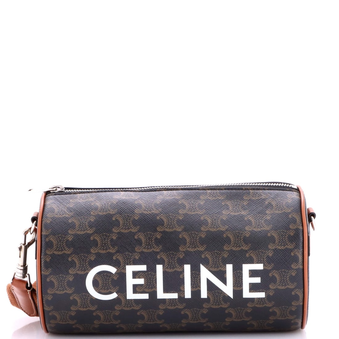 Coated Canva Triomphe Cylinder Bag Logo Celine: Coated Canva Triomphe Cylinder Bag Logo Celine Brown Canvas Coated Celine Triomphe Cylinder Bag with Silver Hardware, featuring minor edge wear and light odor. This excellent condition messenger bag
