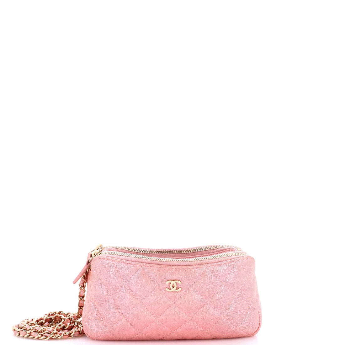 Quilted caviar chain clutch Double zip Chanel: Quilted caviar chain clutch Double zip Chanel Pink quilted caviar leather Chanel double zip clutch with chain features a unique combination of style and texture. The exterior shows signs of wear, incl