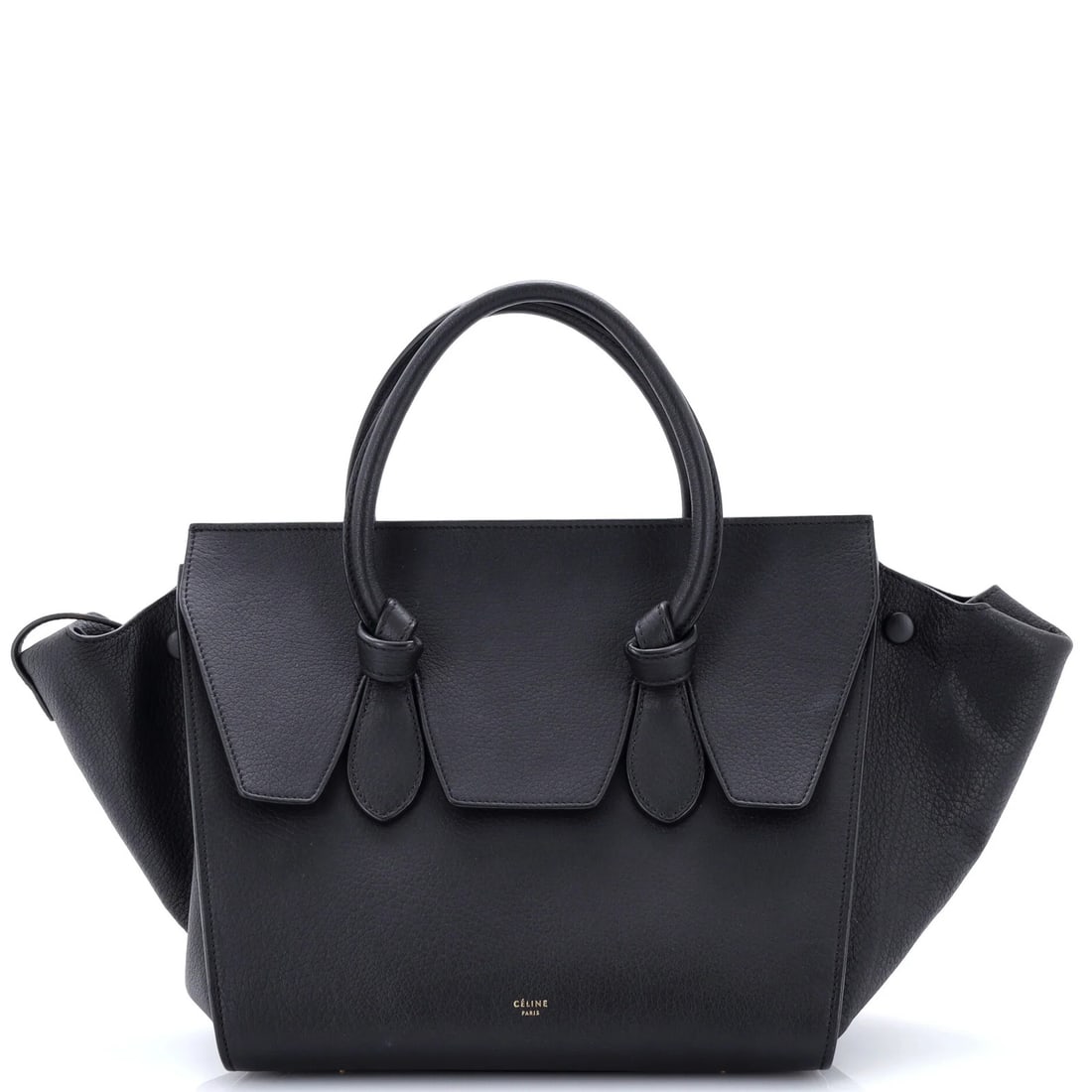 Tie Knot Celine Mini Grainy Leather Tote: Tie Knot Celine Mini Grainy Leather Tote Tie Knot Celine Mini Grainy Leather Tote features a classic design with exterior black leather and suede interior, adorned with aged gold hardware. The mini