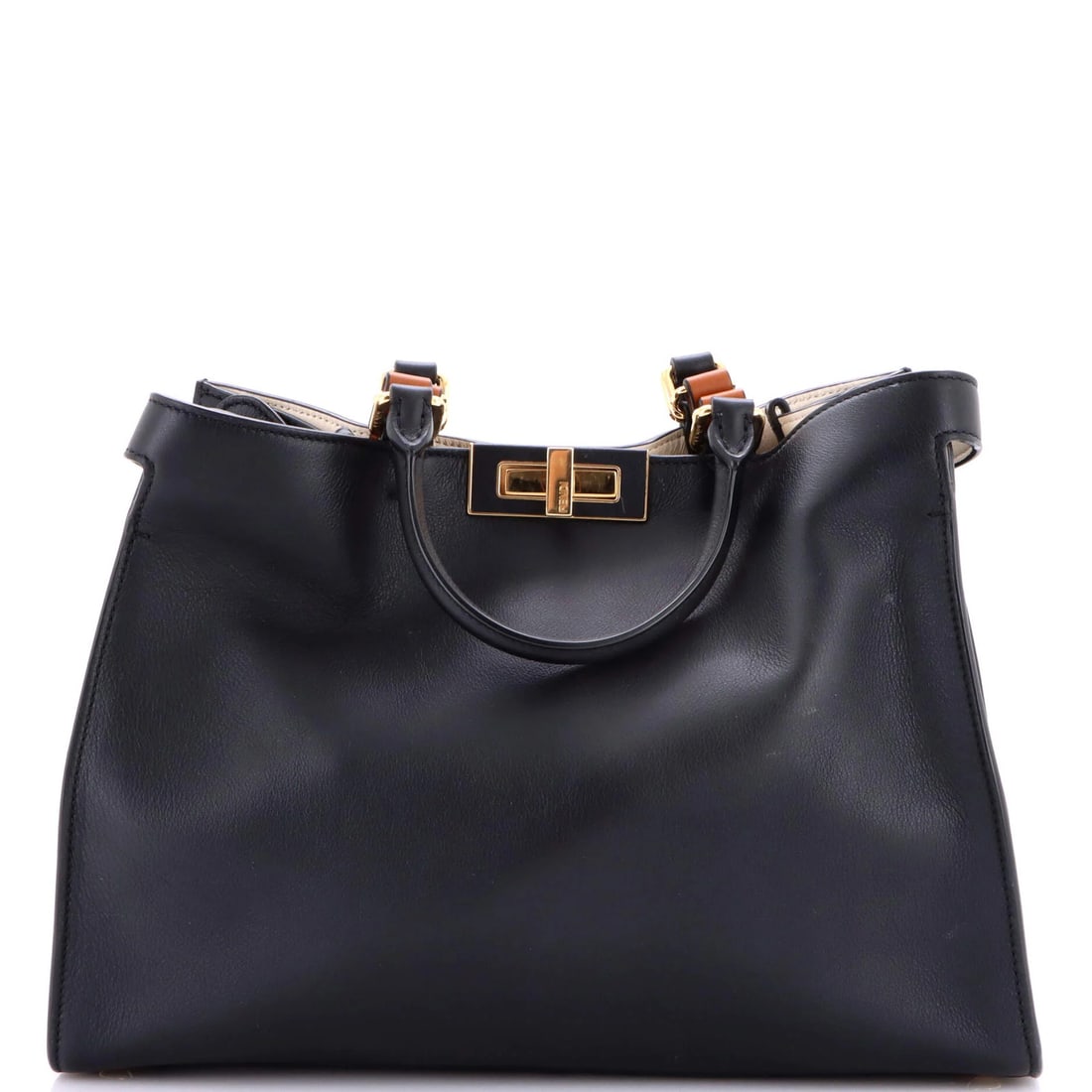 Small x-tote leather Peekaboo Fendi: Small x-tote leather Peekaboo Fendi Small x-tote leather Peekaboo Fendi in black leather with gold hardware, featuring a neutral interior and subtle signs of wear. This small shoulder bag boasts