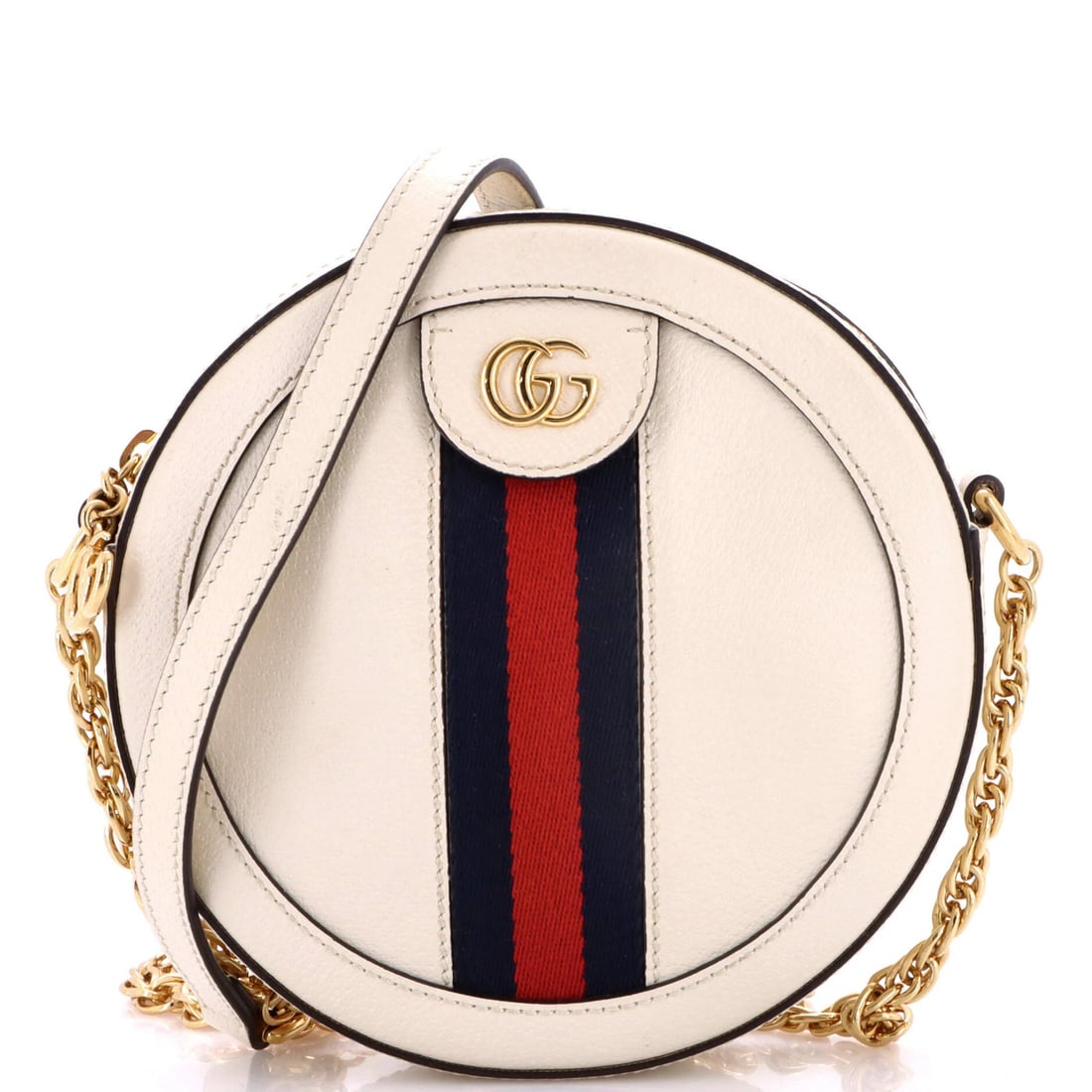 Round leather bag Gucci mini shoulder Ophidia: Round leather bag Gucci mini shoulder Ophidia The Gucci Ophidia Round Leather Mini Shoulder Bag features a neutral exterior with minor edge wear, creases, and scuffs. This stylish cross-body bag boast