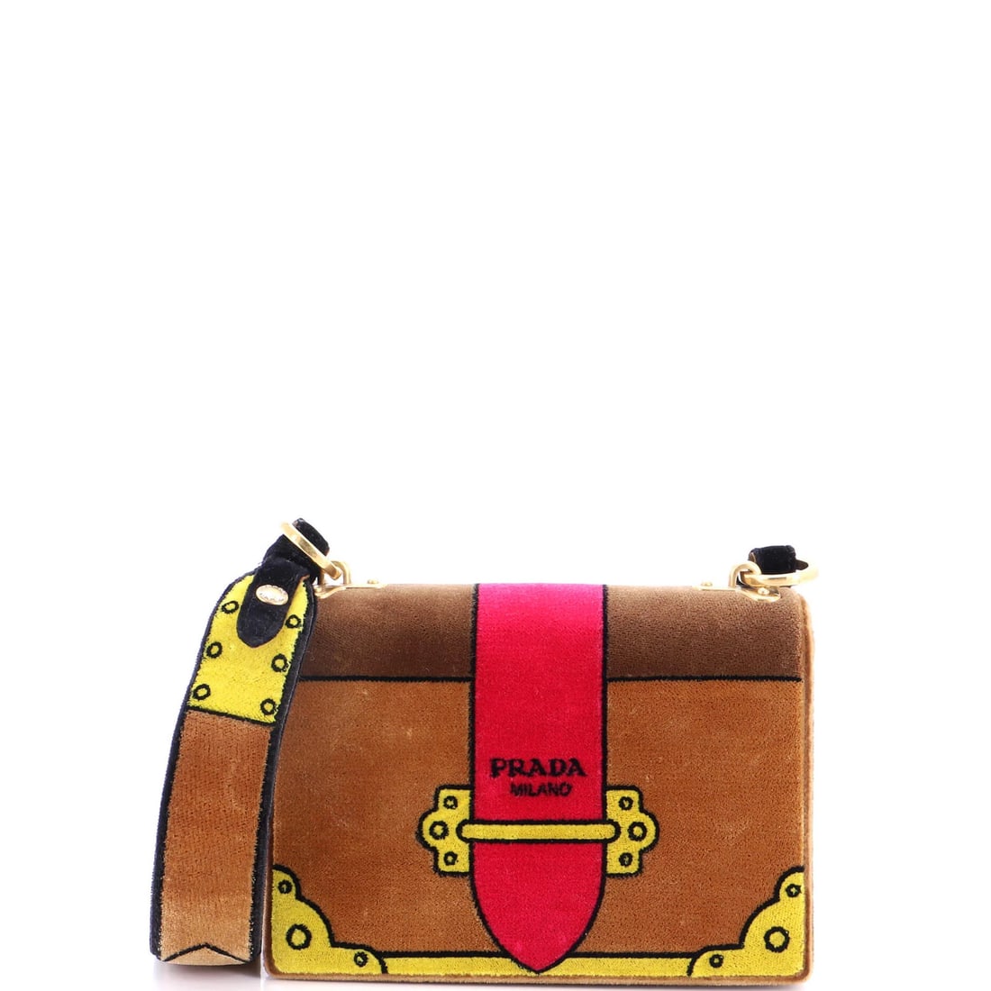 Small velvet shoulder bag by Prada: Small velvet shoulder bag by Prada Small Prada velvet shoulder bag with a classic cross body design, featuring a rich brown print exterior and black interior. The bag's velvet fabric has developed