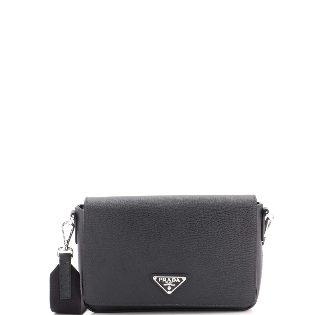 Saffiano leather messenger bag by Prada: Saffiano leather messenger bag by Prada The Prada Saffiano leather messenger bag boasts sleek, sophisticated design with its black exterior and silver hardware. Measuring 6" in height, 9" in width,