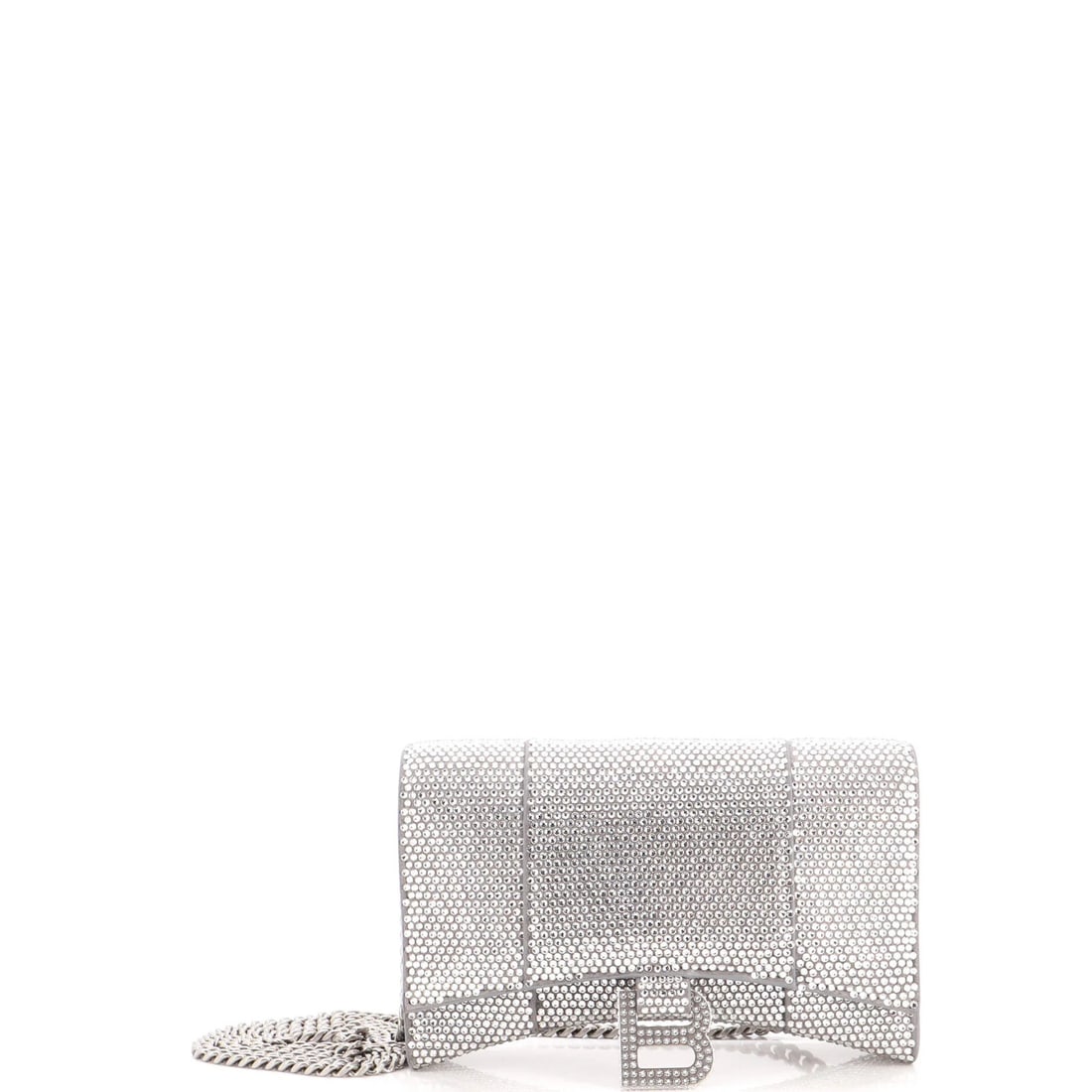 Hourglass Chain Wallet Suede with Crystals by Balenciaga: Hourglass Chain Wallet Suede with Crystals by Balenciaga Crystal-embellished suede exterior adds a touch of luxury to this metallic hourglass chain wallet, featuring intricate details and a sleek